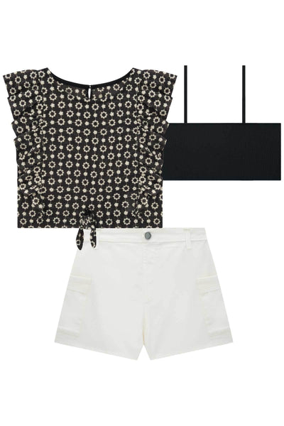 Conjunto de Blusa Boxy em Laise Bordada Top em Canelado e Shorts em Sarja com Elastano 77436 Vic&Vicky