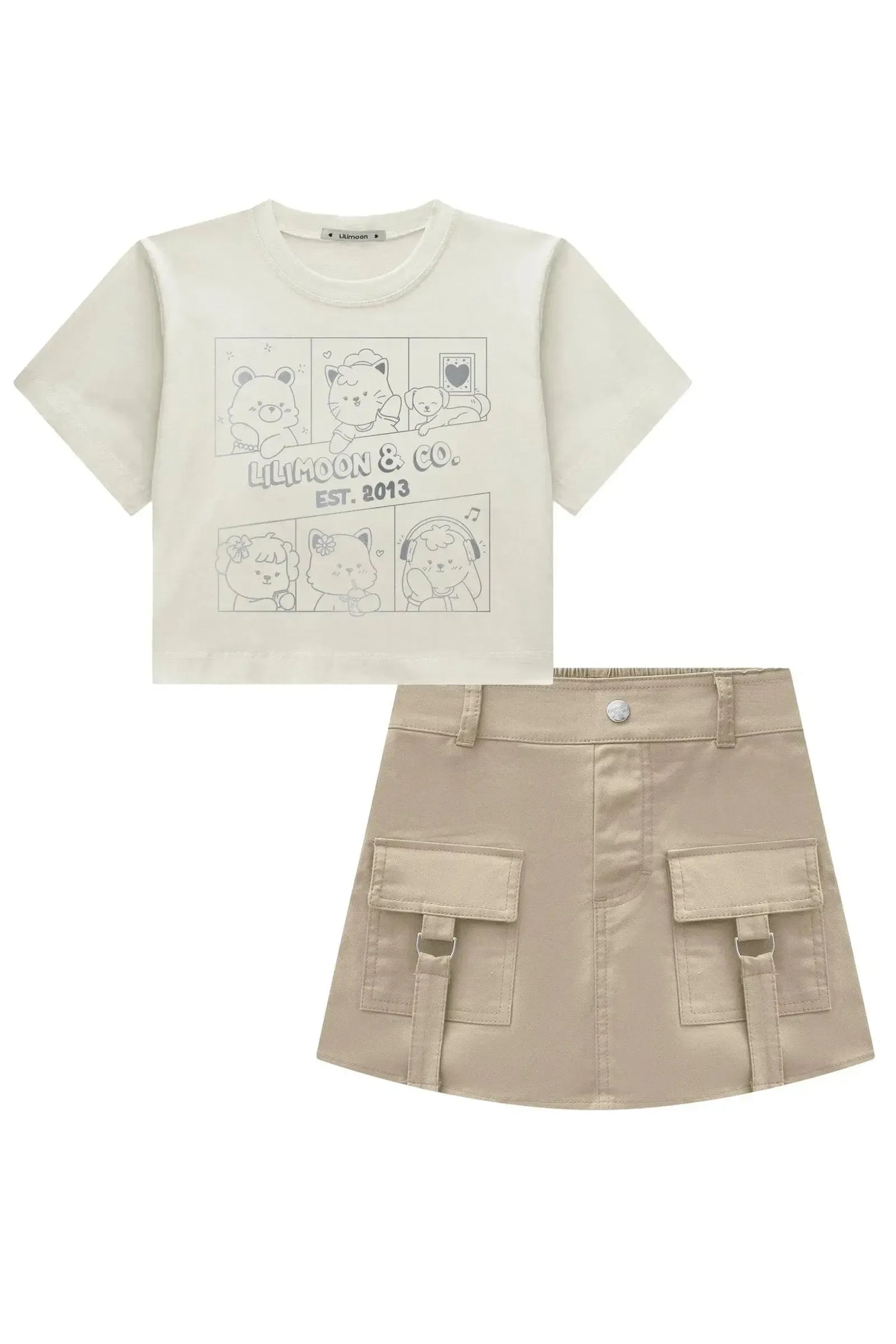 Conjunto de Blusa Boxy Over em Meia Malha e Short Saia em Sarja com Elastano 94178 Lilimoon Teen Menina