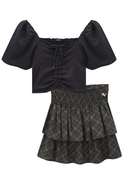 Conjunto Teen Menina de Blusa Cropped em Air Flow e Saia em Viscose 81475 Vic&Vicky