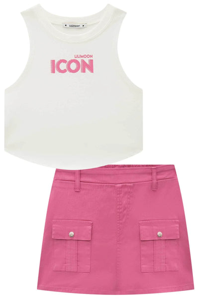 Conjunto Teen Menina de Blusa Cropped em Canelado e Short Saia em Sarja com Elastano 81745 Lilimoon