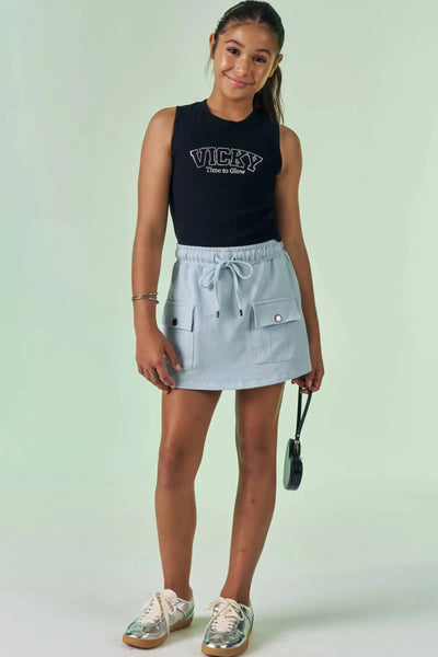 Conjunto de Blusa Cropped em Canelado Liz e Short Saia em Malha Denim 86711 Vic&Vicky Teen Menina