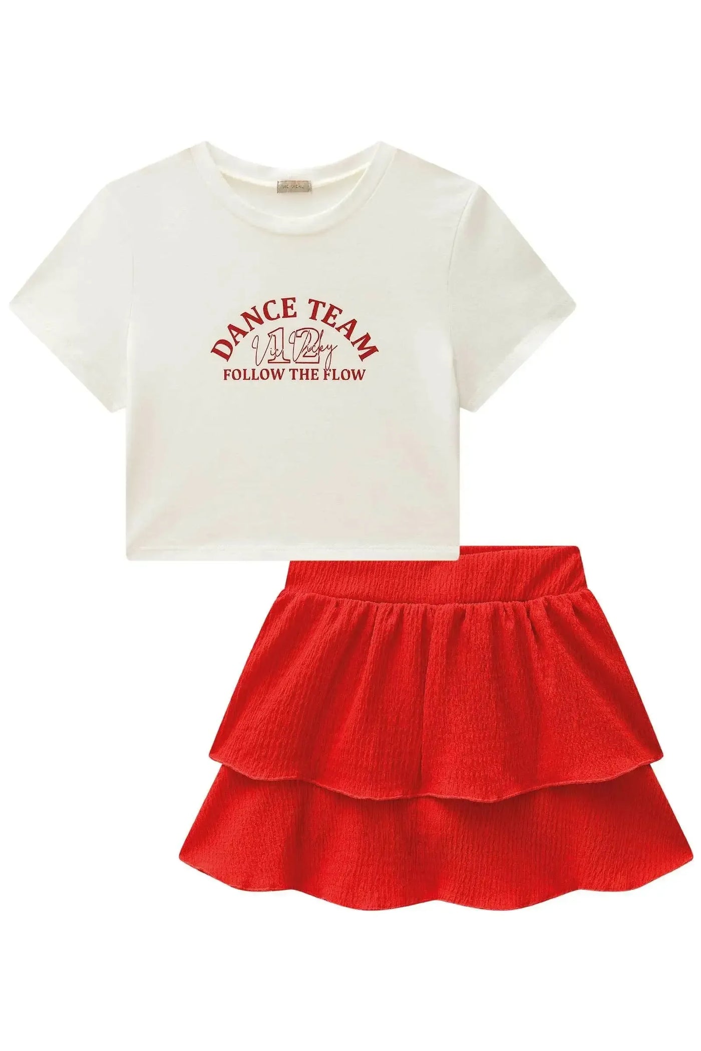 Conjunto de Blusa Cropped em Cotton e Saia Ruffles em Malha Texturizada 86728 Vic&Vicky Teen Menina
