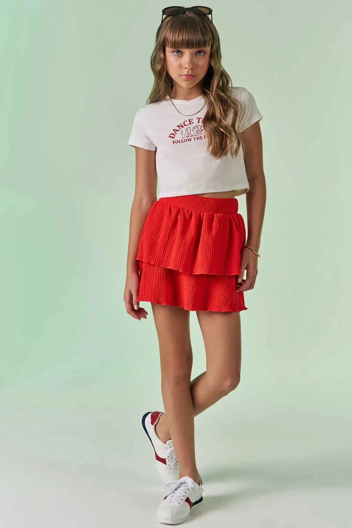 Conjunto de Blusa Cropped em Cotton e Saia Ruffles em Malha Texturizada 86728 Vic&Vicky Teen Menina
