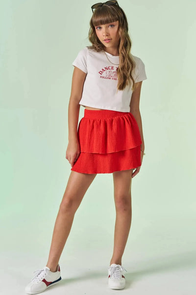 Conjunto de Blusa Cropped em Cotton e Saia Ruffles em Malha Texturizada 86728 Vic&Vicky Teen Menina