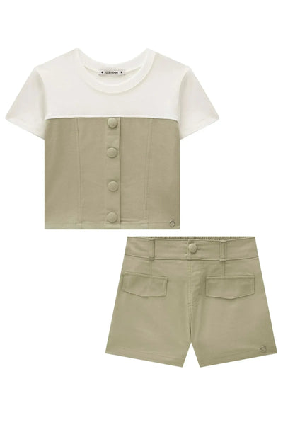 Conjunto de Blusa Cropped em Cotton e Sarja com Elastano e Shorts em Sarja com Elastano 86363 Lilimoon Teen Menina