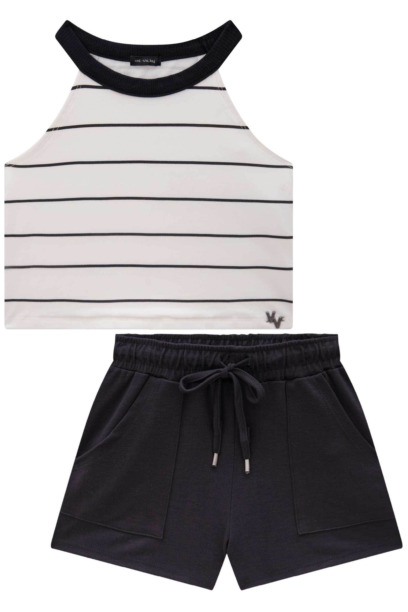 Conjunto de Blusa Cropped em Cotton e Shorts em Malha Strech 83899 Vic&Vicky Teen Menina
