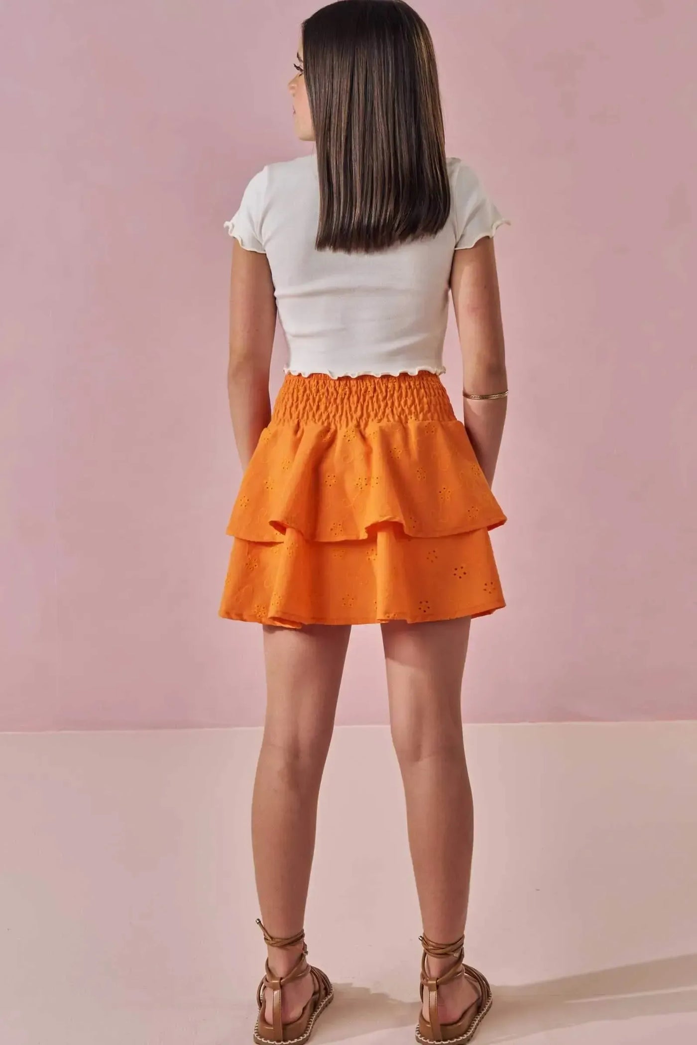 Conjunto de Blusa Cropped em Ribana 1x1 e Saia em Laise Tiffany com Shorts Embutido 87756 Lilimoon Teen Menina