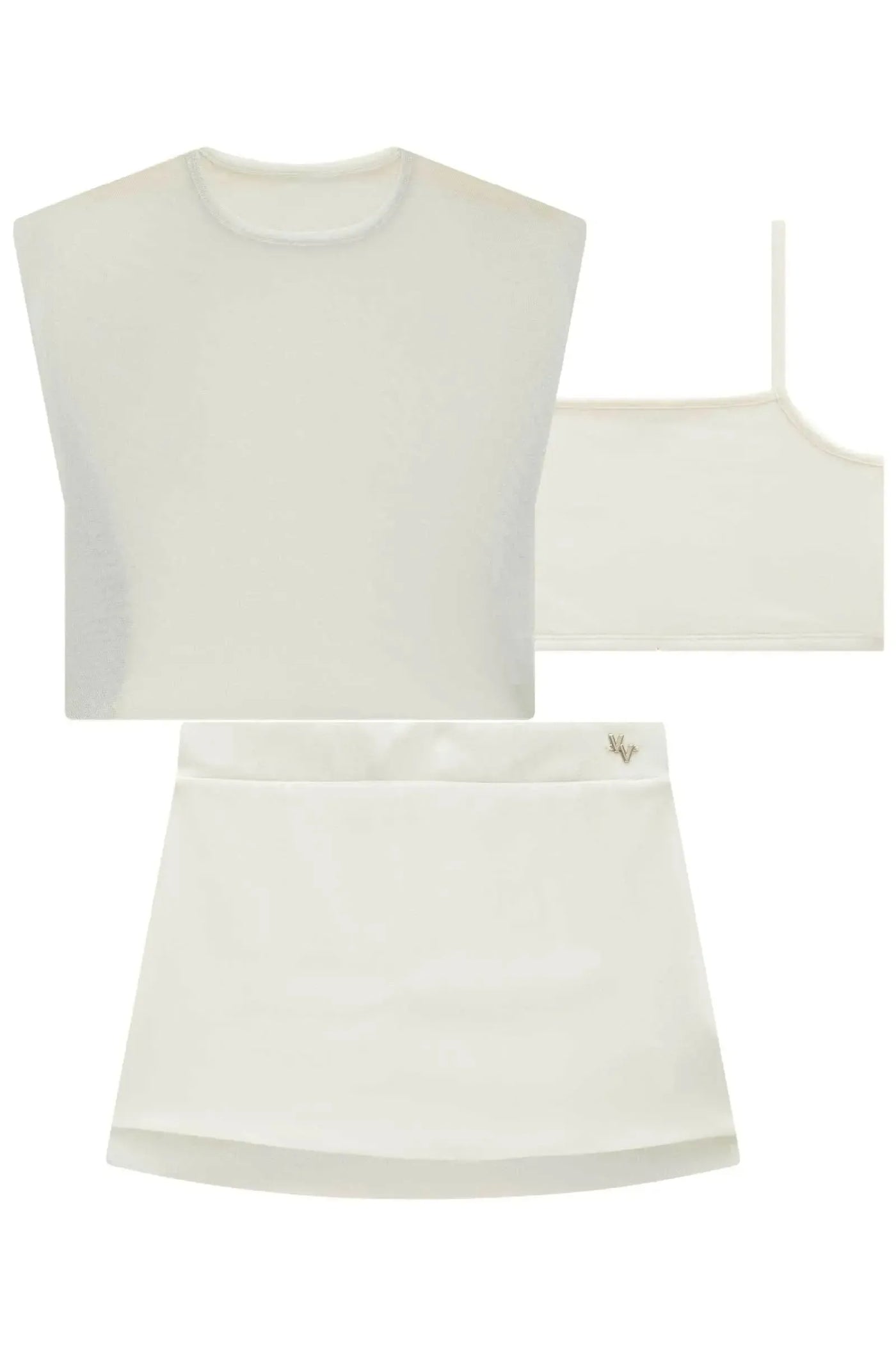 Conjunto de Blusa Cropped Sobreposição Top em Cotton e Saia em Tule Brilho 86733 Vic&Vicky Teen Menina