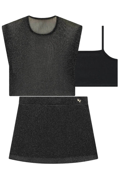 Conjunto de Blusa Cropped Sobreposição Top em Cotton e Saia em Tule Brilho 86733 Vic&Vicky Teen Menina