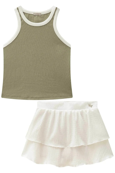 Conjunto de Blusa em Canelado Liz e Saia Ruffles em Malha Texturizada com Shorts Embutido 88644 Vic&Vicky Teen Menina