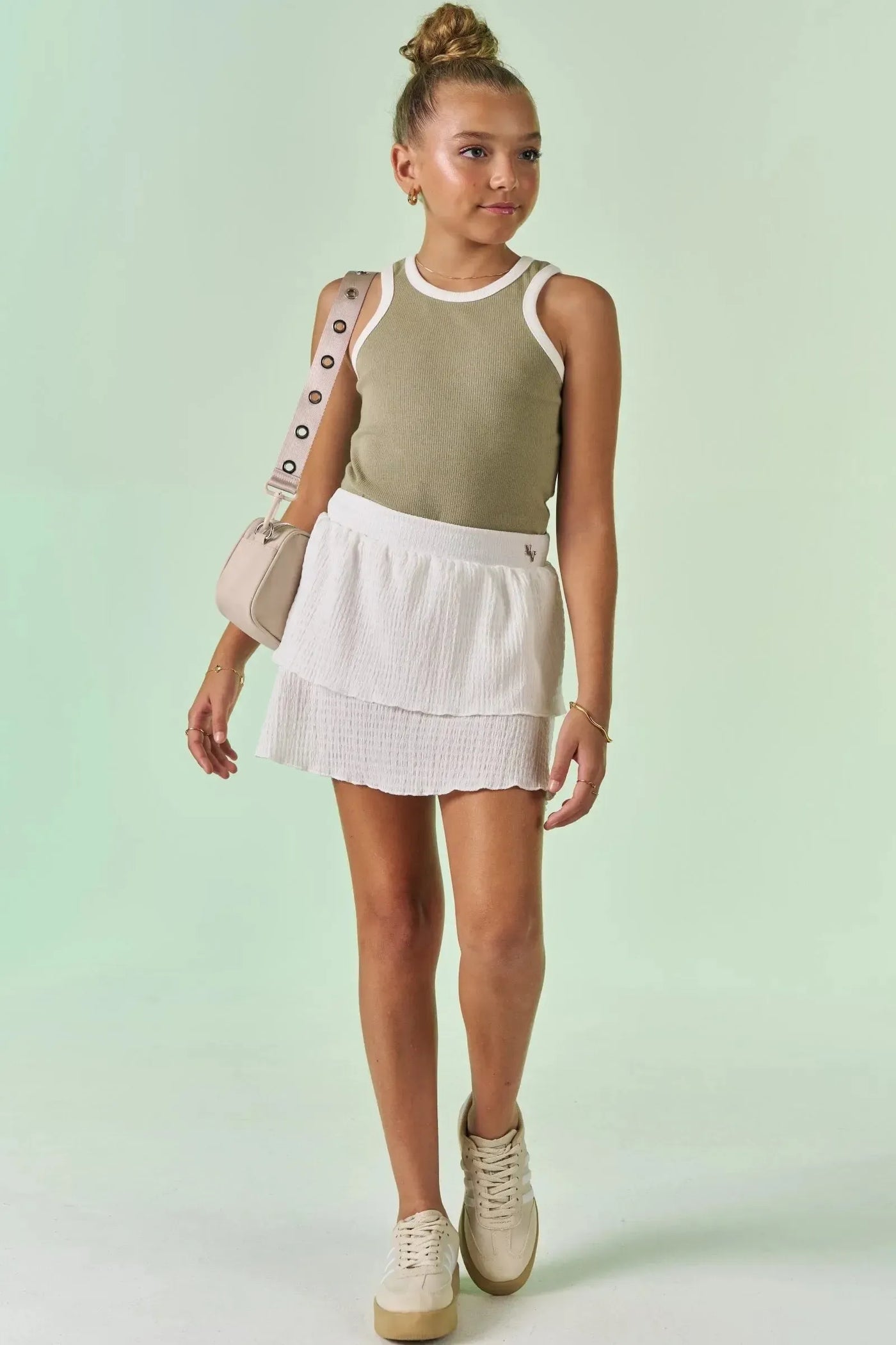 Conjunto de Blusa em Canelado Liz e Saia Ruffles em Malha Texturizada com Shorts Embutido 88644 Vic&Vicky Teen Menina