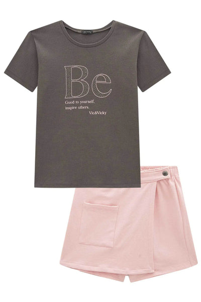 Conjunto Teen Menina de Blusa em Canelado Liz e Short Saia em Molecotton 82022 Vic&Vicky