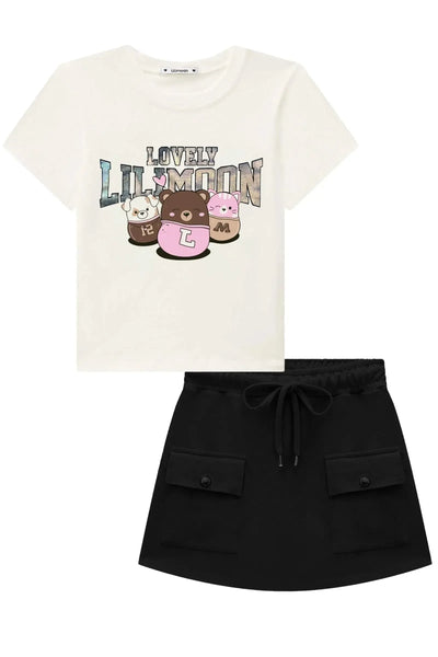 Conjunto de Blusa em Meia Malha e Short Saia em Moletom sem Pelúcia 94181 Lilimoon Teen Menina