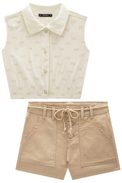 Conjunto Teen Menina de Camisa Cropped em Viscose e Shorts em Sarja 81819 Lilimoon