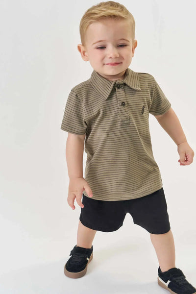 Conjunto Bebê Menino de Camisa Polo em Cotton Listrado Fio Tinto e Bermuda em Sarja Ônix com Elastano 81630 Johnny Fox