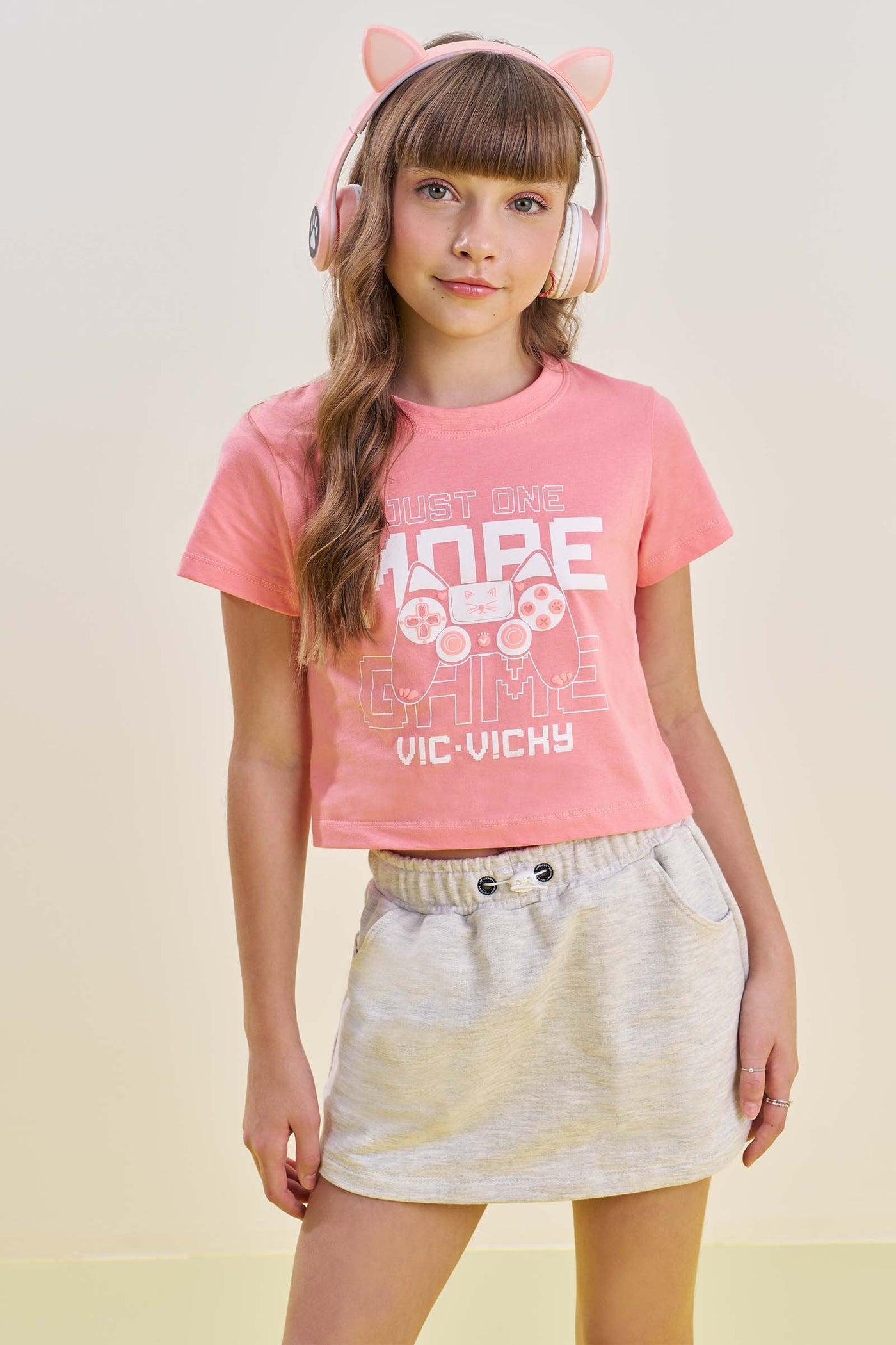 Conjunto de Camiseta Boxy em Meia Malha e Short Saia em Moletom 85302 Vic&Vicky Teen Menina