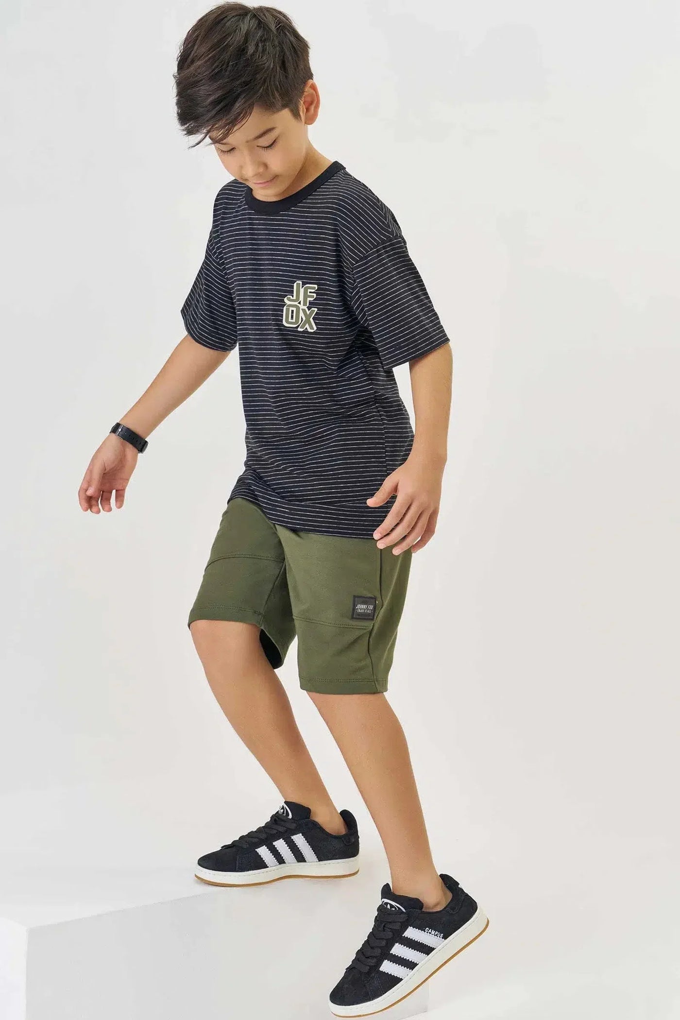 Conjunto Teen Menino de Camiseta em Cotton Listrado Fio Tinto e Bermuda em Molevisco 82080 Johnny Fox