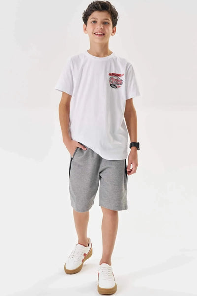 Conjunto de Camiseta em Meia Malha e Bermuda em Moletom sem Pelúcia 87589 Johnny Fox Teen Menino