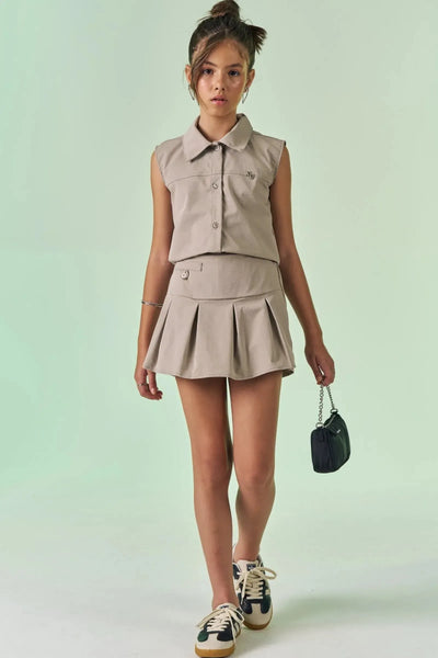 Conjunto de Colete Cropped e Short Saia em Alfaiataria Tecno Cargo 87279 Vic&Vicky Teen Menina