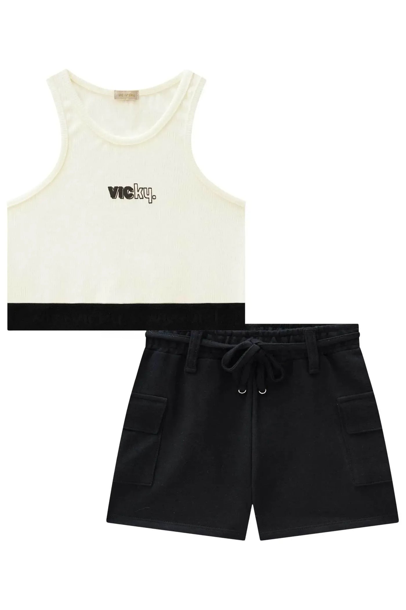 Conjunto de Cropped em Canelado Liz e Shorts em Moletom sem Pelúcia 86923 Vic&Vicky Teen Menina