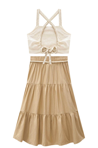 Conjunto de Top Cropped e Saia New Midi em Linho Santorine 84932 Vic&Vicky Teen Menina