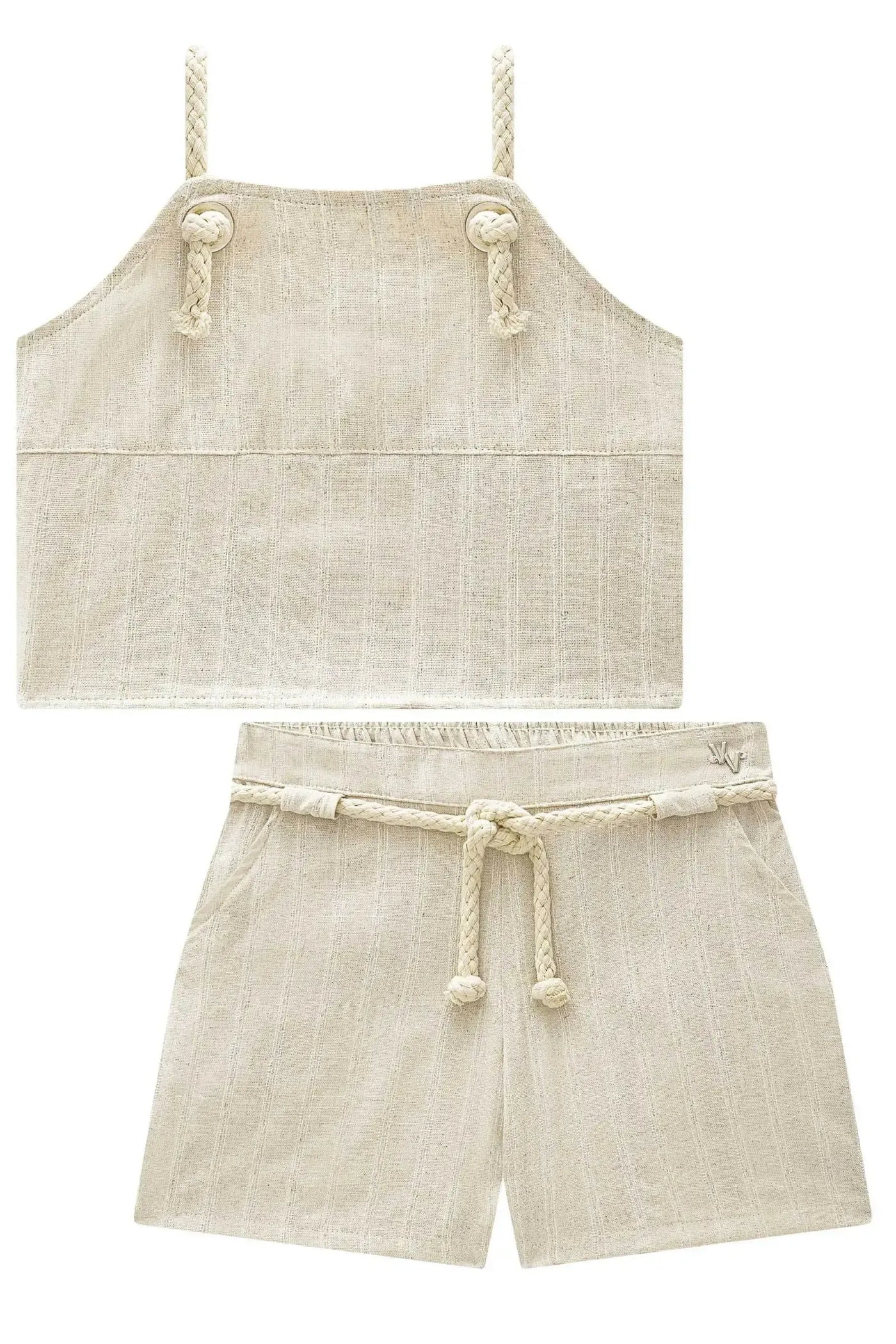 Conjunto de Top Cropped e Shorts em Linho Bordado Prata 86696 Vic&Vicky Teen Menina