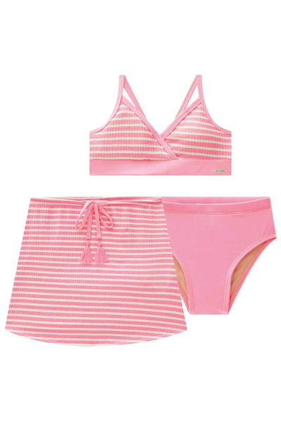 Trio de Biquini Tradicional em Malha UV 50+ e Saia em Malha Texturizada 88001 Vic&Vicky Teen Menina