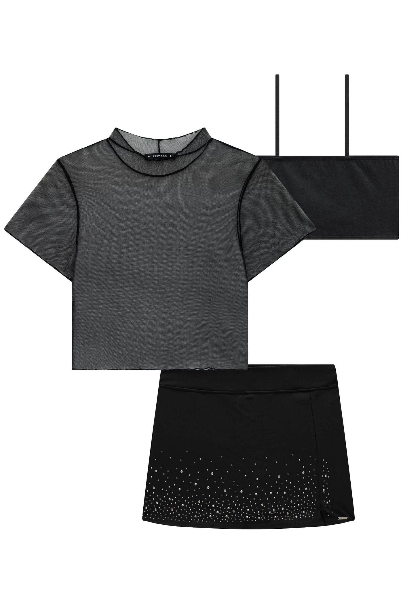 Trio de Blusa Cropped em Tule Top e Short Saia em Alfaiataria Element 76762 Lilimoon