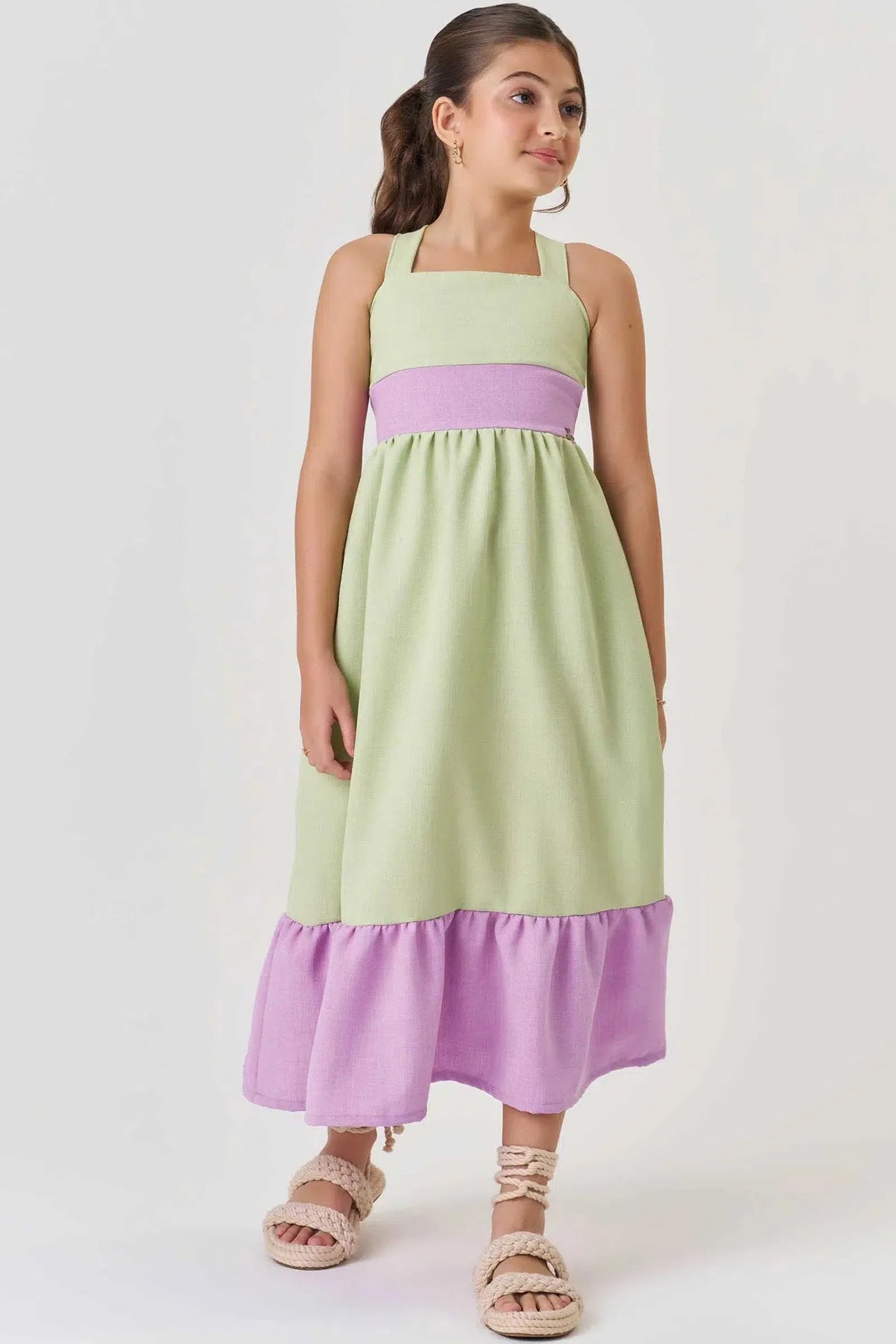 Vestido Midi Teen Menina em Linho Rustico 81404 Vic&Vicky